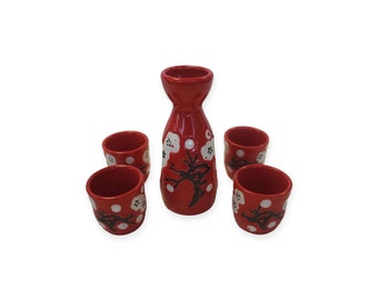 Red Plums Sake Set - One Flask and Four Cups - Tokkuri and Ochoko - Chinese, Japanese, Oriental Gift Set [Free USA Shipping]