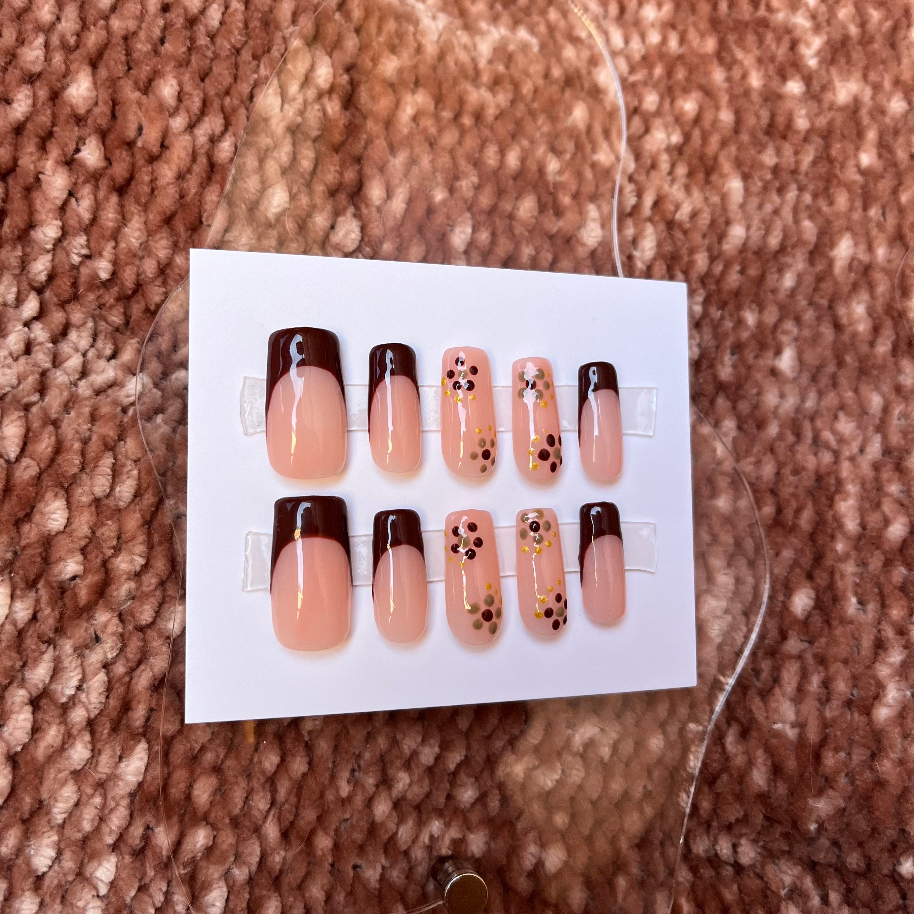 Brown French Tip Press on Nails, Y2K Flowers, Rhinestones Almond Nails,  Coffin Nails, Square Nails 