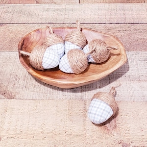 Light Blue, Gray, White Gingham,Farmhouse Acorns, Acorn Bowl Fillers ,Rustic Fall Decor, Farmhouse Decor, Fabric Covered Acorns, Fall Acorns