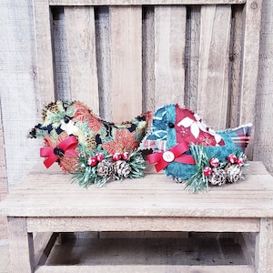 Fabric Christmas Birds, Stuffed Birds, Holiday Bird Decor, Christmas Decoration, HolidayDecor, Bird shelf Decor,Holiday Tiered Tray  Decor