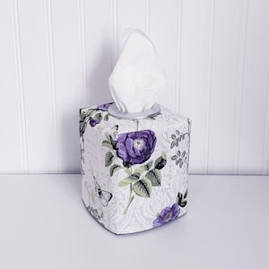 Purple Tissue Box Cover,Floral Printed Tissue Box Cover, Spring Decor, Fabric Tissue Cover, Nursery Decorations, Decorative Tissue Box Cover