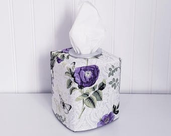 Funda para caja de pañuelos de color morado, funda para caja de pañuelos con estampado floral, decoración de primavera, funda de tela para pañuelos, decoraciones para guarderías, funda decorativa para caja de pañuelos