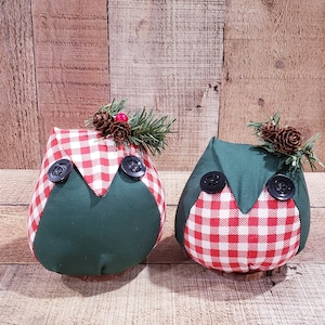 Red And Green Plaid, Fabric Owl, Holiday Owl, Owl Decor, Woodland Animal, Home Decoration, Stuffed Owl, Handmade Decoration, Christmas Decor
