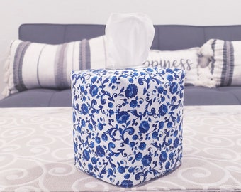 Blue Tissue Box Cover, Floral Printed Tissue Box Cover, Spring Decor, Fabric Tissue Cover, Nursery Decorations, Decorative Tissue Box Cover