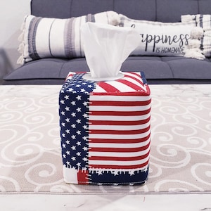 Decoração patriótica, capa decorativa, capa de lenço, porta-lenços quadrado, caixa de capa de lenço, bandeira americana, decoração de 4 de julho, quatro de julho