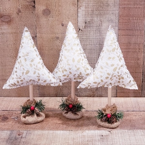 White and Gold, Fabric Christmas Trees, Christmas Trees, Farmhouse Winter Decor, Christmas Mantel Decor, Christmas Trees, Stuffed Trees
