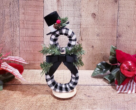 Wooden Snowman Christmas Decoration With LED Lights - Rustic Farmhouse Tabletop Figurine With Buffalo Plaid Scarf