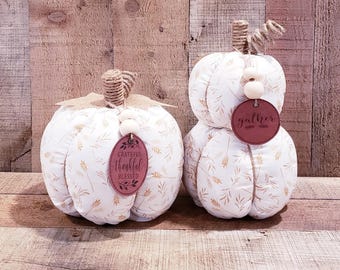 White with Brown Leaves Fabric Pumpkin, Rustic Fall Decorations, Autumn Farmhouse Decor, Fall Pumpkins, Cottage Pumpkins, Fall Mantel Deco
