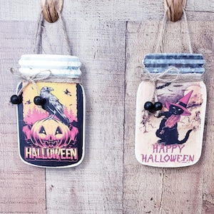 Decoración de tarros de madera, decoración de pared de Halloween, decoración de Halloween, decoración de cocina de Halloween, decoración de otoño, decoración hecha a mano, decoración de tarros de madera