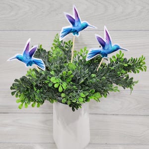 May include: Three blue and purple hummingbird cupcake toppers with white wings, perched on a green leafy plant in a white vase.