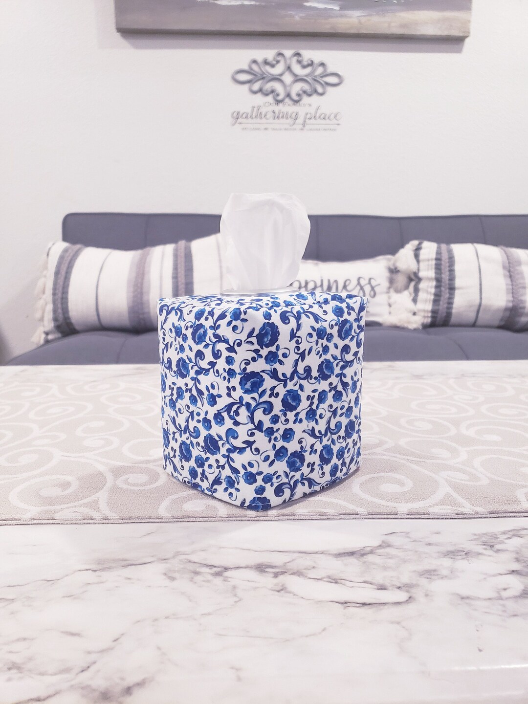 Blue Tissue Box Cover, Floral Printed Tissue Box Cover, Spring Decor