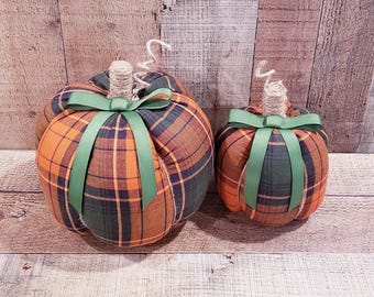 Burnt Orange and Green, Plaid Pumpkins, Farmhouse Pumpkin, Fabric Pumpkin, Fall Decor, Fall Mantel Decor, Fall Centerpiece, Handmade Pumpkin