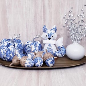 Chinoiserie Fall Decor ,Blue Pumpkins,Fall Decorations ,Porcelain Decor,Fall Fox,Fabric Acorns, Fall Tablescape,Thanksgiving Decor