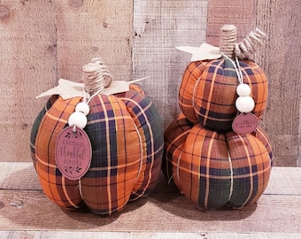 Burnt Orange and Green Plaid, Fabric Pumpkin, Rustic Fall Decorations, Autumn Farmhouse Decor, Fall Pumpkins, Cottage Pumpkins, Fall Decor