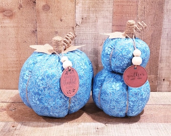 Blue Floral Fabric Pumpkin, Rustic Fall Decorations, Autumn Farmhouse Decor, Fall Pumpkins, Cottage Pumpkins, Fall Mantel Deco
