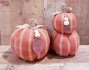 Burnt Orange and White Plaid, Fabric Pumpkin, Rustic Fall Decorations, Autumn Farmhouse Decor, Fall Pumpkins, Cottage Pumpkins, Fall Decor