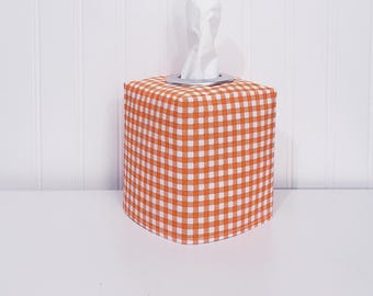 Orange and White Tissue Box Cover,Plaid Tissue Box ,Orange Decor, Fabric Tissue Cover,Nursery Decorations,Tissue Box Cover,Tissue Slipcover