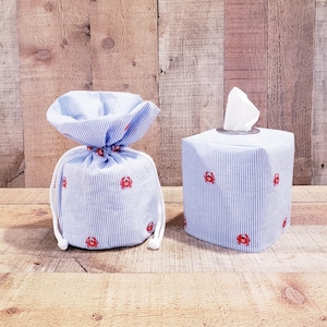 Porta fazzoletti in tessuto a righe blu e bianche, decorazione a forma di granchio, porta carta igienica di scorta, decorazione nautica, porta fazzoletti, decorazione per il bagno