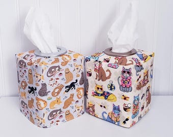 Funda para caja de pañuelos con forma de gato, funda para caja de pañuelos con estampado de gato, decoración de primavera, funda de tela para pañuelos, decoración de gato, funda decorativa para caja de pañuelos