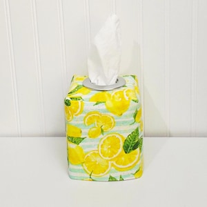 Puede incluir: Una funda para caja de pañuelos de color amarillo y verde con estampado de limones. La funda tiene una abertura de metal plateado para los pañuelos.