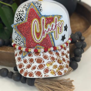 Mascot hand painted trucker hat. Sunday Tailgates, glass stone chain, Football Game Fan, Trendy Women's hat, sparkly. KC game day, leopard