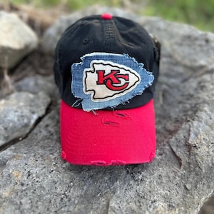 Black red distressed baseball style hat, distressed denim arrowhead and mascot patch, football game day, women's football hat, sports fan