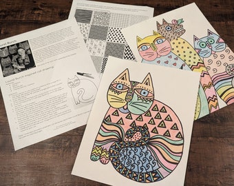 May include: A collection of Laurel Burch-inspired cat drawings, featuring colorful, patterned designs. The artwork includes a drawing guide and examples of finished pieces, showcasing various artistic styles and techniques. The drawings are on white paper.