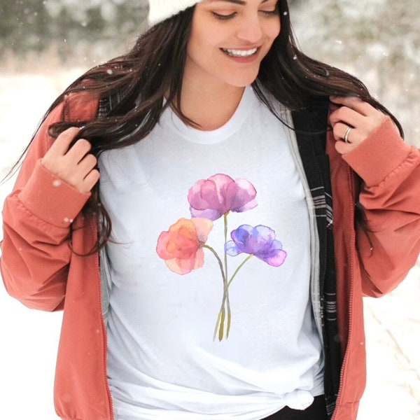 Chemise à fleurs aquarelle, t-shirt fleuri aquarelle mignon tendance, t-shirt bouquet fête des mères, t-shirt printemps, cadeau pour elle