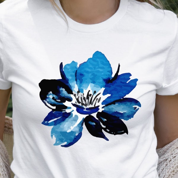 Clematis Floral T-Shirt, Blue Clematis Tee, Watercolor Flower Shirt, Wildflower Shirt, Botanical Tees, Mothers Day, Gift for Her