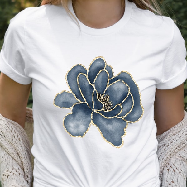 Grey Rose T-Shirt, Grey and Gold Trimmed Rose Graphic Print Tee, Flower Shirt, Rose Shirt, Floral Tshirt, Gift for Her