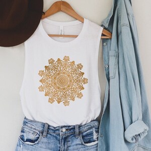 Gold Mandala Muscle Tank, Mandala Graphic Design, Spiritual Tee, Sacred Geometry Tshirt, Yoga Apparel, Yoga Gift, Gift for Her