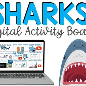 Sharks Digital Activity Board for First or Second Grade | Sharks Activities | Directed Drawings | Choice Board | All About Sharks for Kids