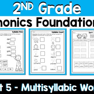 May include: Black and white printable worksheets for 2nd grade phonics foundations. The worksheets focus on syllable pick, syllable count, and sorting suffixes. The worksheets include words like "pan", "den", "turtle", "pumpkin", "helpful", "cheerful", and "endless".
