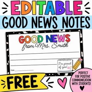 May include: A rectangular note card with a black and white cow print border. The text reads GOOD NEWS from Mrs. Smith. It includes lines for writing, a small notepad graphic with the text I'm proud of you, a pencil, and a pink heart.