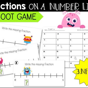 May include: A printable scoot game for teaching fractions on a number line. The game features colorful monsters and number lines with missing fractions. The game is labeled "Fractions on a Number Line Scoot Game" and includes the Common Core standard 3.NF.A.2.