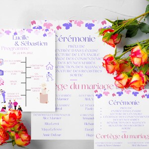 以下が含まれることがあります： 紫とピンクの花柄のデザインが施された結婚式プログラム。プログラムには、式典、レセプション、ディナーなど、結婚式当日のイベントスケジュールが記載されています。プログラムのテキストには、「Lucille & Sébastien Programme 22 Juin 2022」とあります。