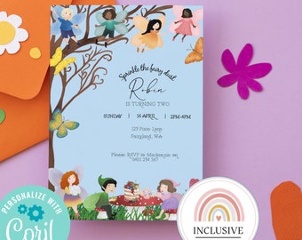 Fairy birthday party invitation customisable personalised template for fairies pixies and elves themed children's celebration digital