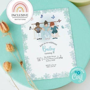 Green ballet birthday party invitation evite ballerina dancer children's celebration boys girls dancing downloadable customisable printable