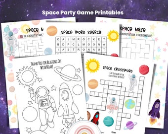 Può includere: Un set di giochi stampabili a tema spaziale per bambini. I giochi includono un labirinto, una ricerca di parole, un cruciverba e una pagina da colorare con un astronauta e un razzo. I giochi sono perfetti per una festa a tema spaziale o per i bambini che amano lo spazio.