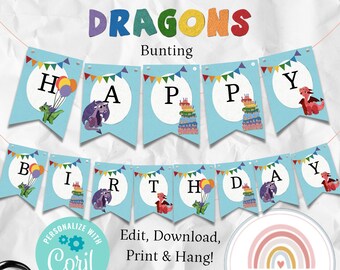 May include: A blue and white printable banner with the words "Happy Birthday" in white circles. Each circle has a small cartoon dragon with a colorful birthday cake. The banner is decorated with colorful triangles. The text "DRAGONS Bunting" is at the top of the image. The text "Edit, Download, Print & Hang!" is below the banner. The text "PERSONALIZE WITH Coryl" is in a circle with a gear icon. The text "INCLUSIVE INVITATIONS" is in a circle with a rainbow.