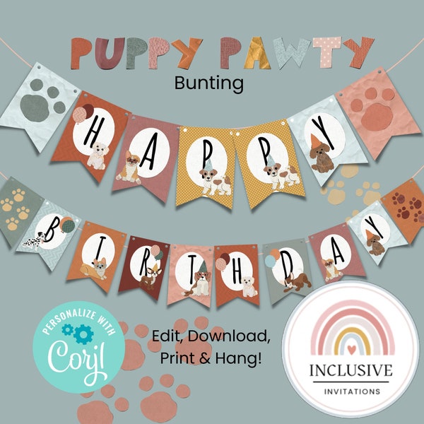 Puppy pawty matching bunting, 5th birthday party dog theme, printable decorations for childrens party, bright boho vibes, decor and favours