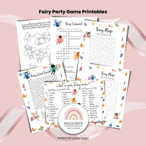 Fairyland birthday party games printables lolly bag loot editable personalised crossword word search colouring page maze customisable fairy