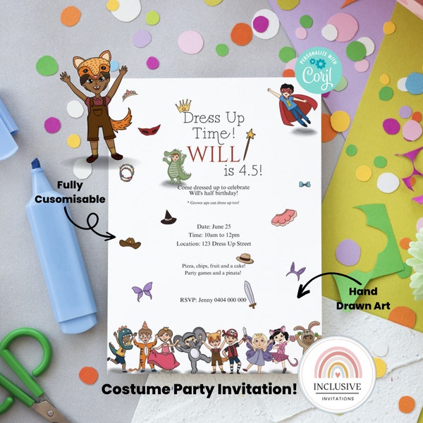 Children's dress up costume party invitation, invite for kids birthday, superhero, fairy, princess, boys and girls, 4 year old, 5 year old