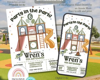 Invitación para fiesta en un parque retro: Patio de juegos pastel de los años 60 (imprimible y digital)