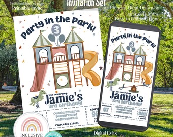 Juego de dos invitaciones para fiesta en un parque azul polvoriento, imprimibles y para teléfono, para cumpleaños infantil, con temática de parque infantil retro de mezclilla de acero y pizarra azul marino apagado.