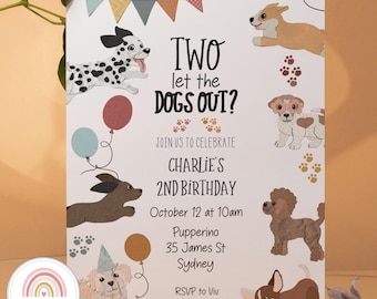 Dos plantillas de invitación para fiesta de segundo cumpleaños de cachorros: "Deja salir a los perros", descarga instantánea, invitación con temática de perros, imprimible en color neutro para segundo cumpleaños