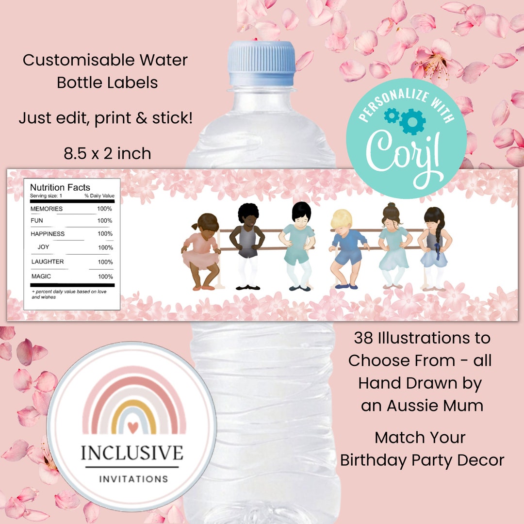 Pink Ballerina Water Bottle Labels Printable Party Decor Ballet Dancer