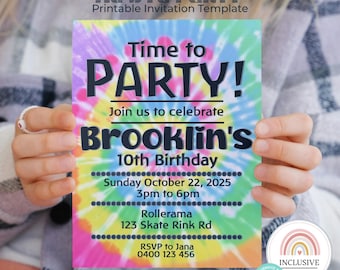Invitación de cumpleaños con efecto tie-dye arcoíris: Plantilla editable (descarga digital)