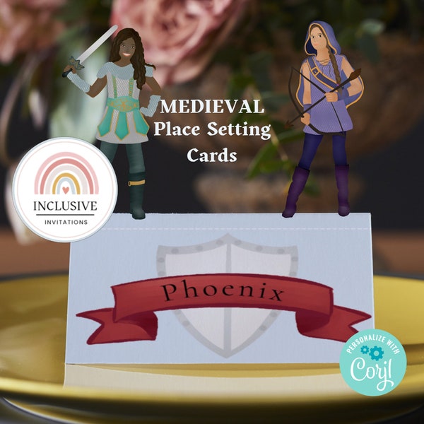 Medieval place setting, party name cards, buffet food labels, template, digital download, foldable card, knights and dragons, birthday decor