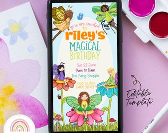 Invitación para fiesta de cumpleaños de hadas: duendes arcoíris y elfos (plantilla digital para smartphone)